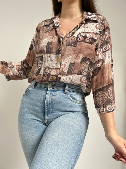 Chemise manches 3/4 à motifs marron 90s Taille 38/40