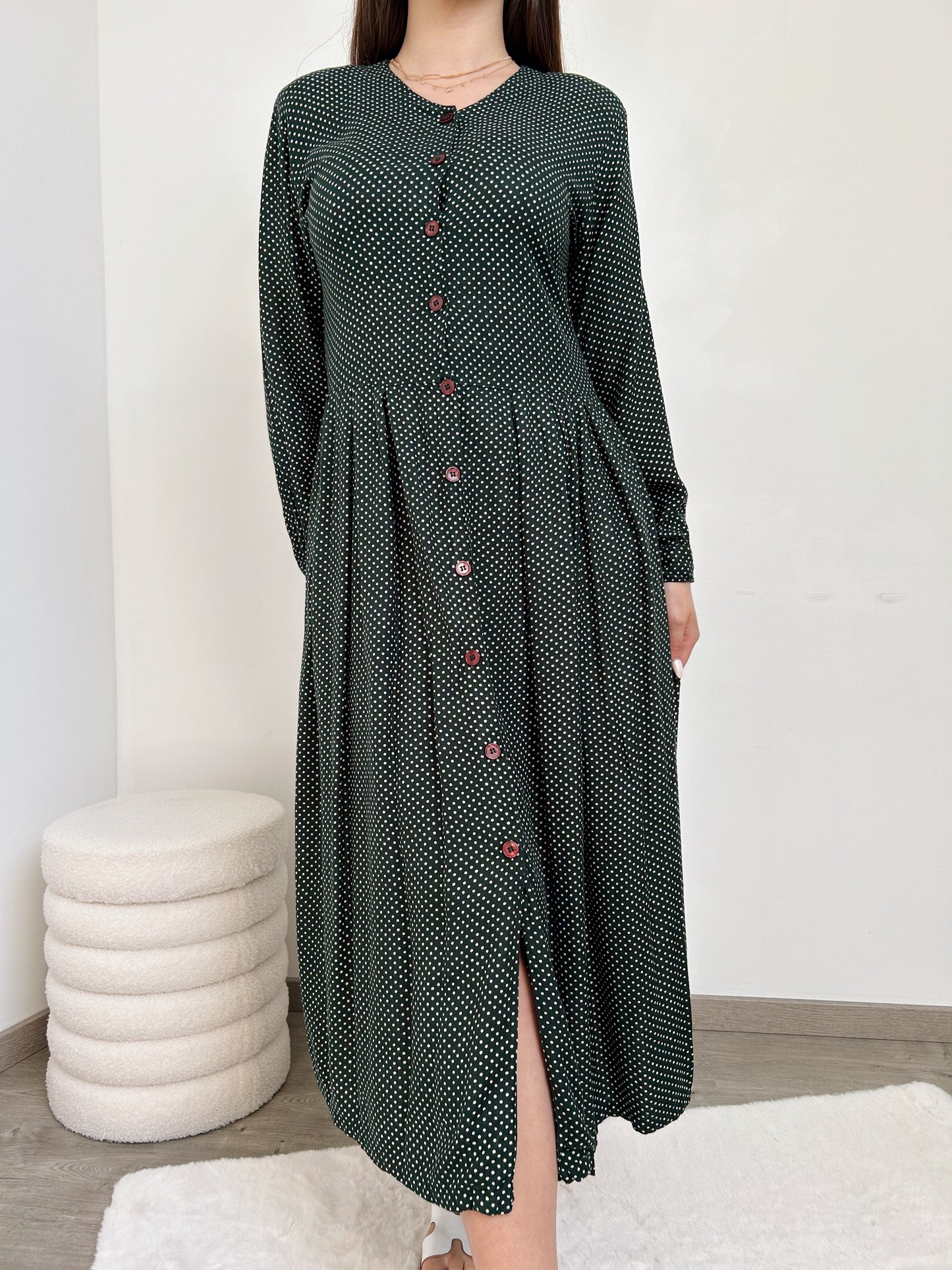 90s Green Polka Dot Buttoned Dress Size 38