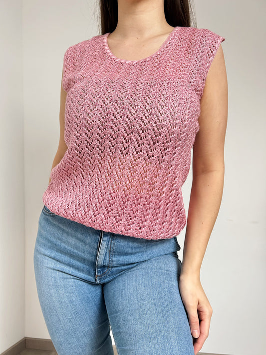 Pull sans manches en crochet rose 80s Taille 36/38