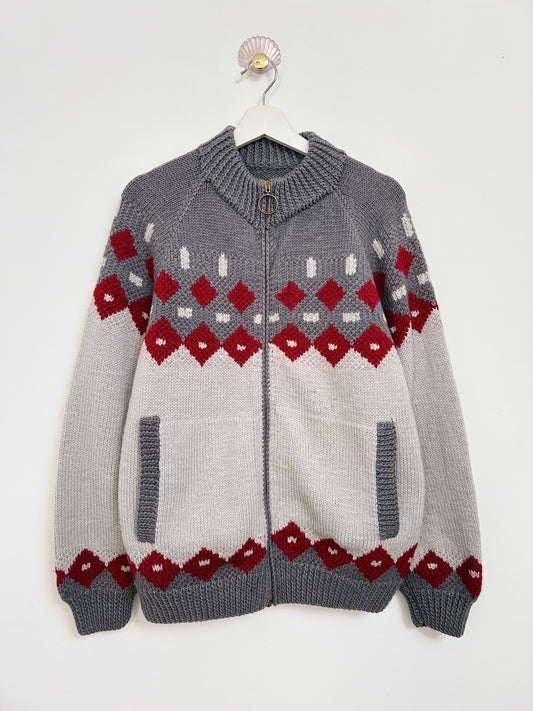 Cardigan gris oversize avec zip et motifs rouges 90s Taille 38