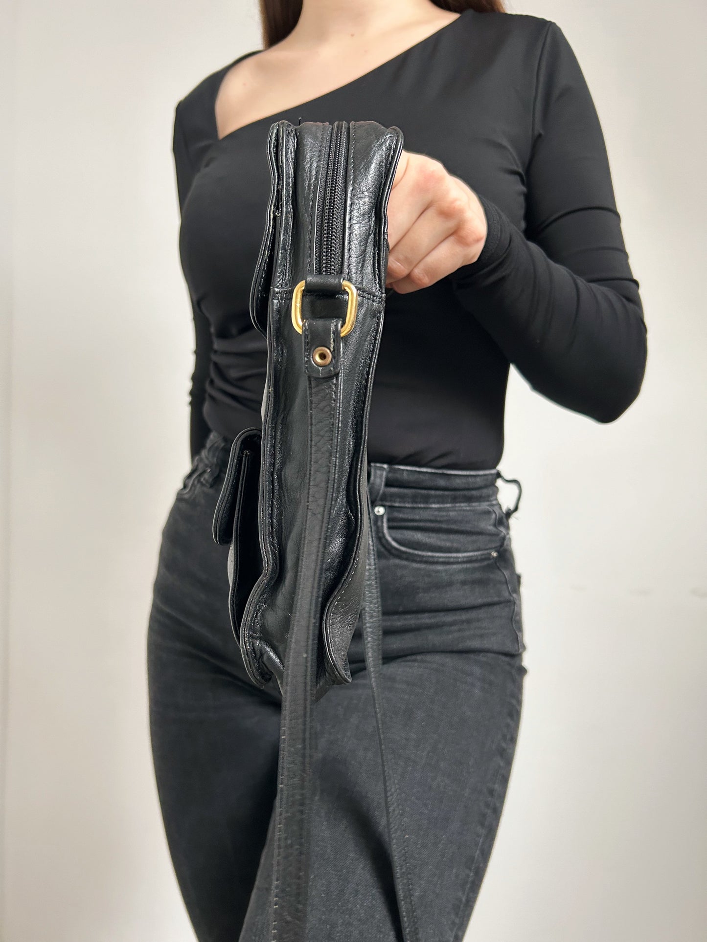 80s Black Leather Shoulder Bag