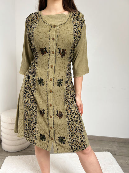 90s embroidered khaki dress Size 40