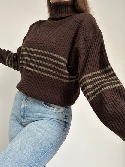 Pull marron col roulé avec bandes kaki 90s Taille 40/42