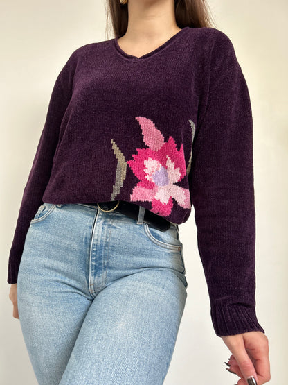 Pull en velours violet avec fleur 90s Taille 38/40