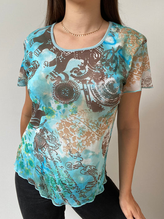 Blouse y2k turquoise imprimé fantaisie Taille 36/38