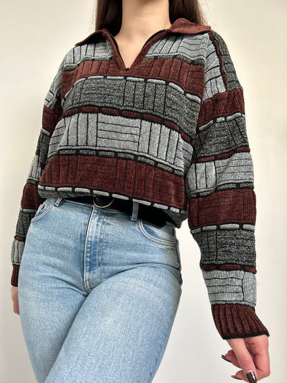 Pull bordeaux et gris en velours col zippé 90s Taille 40