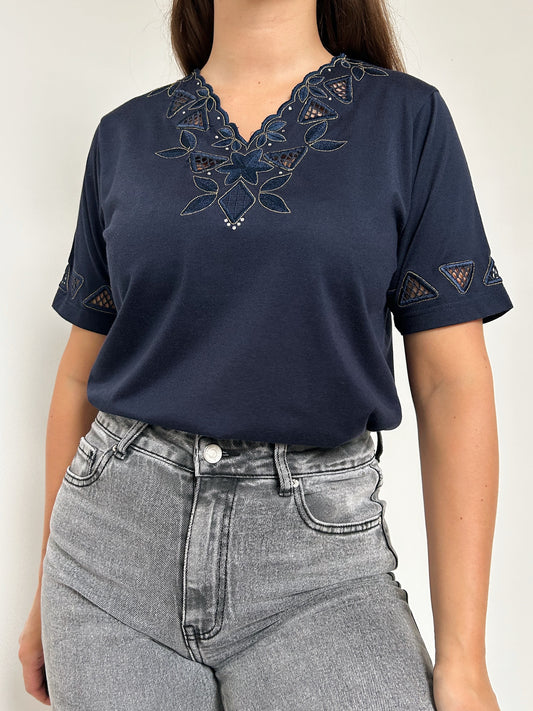 Navy Blue Embroidered 90s T-Shirt Size 36/38