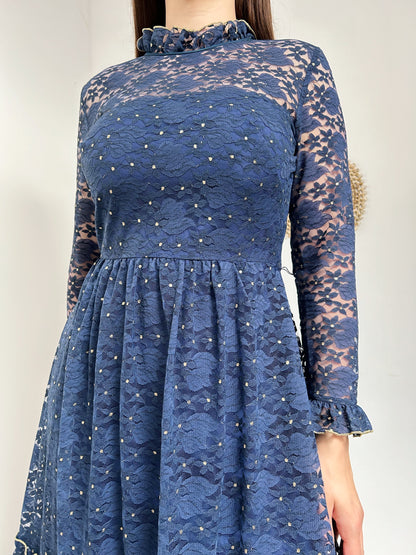 Dark blue lace dress with gold 70s Size 38