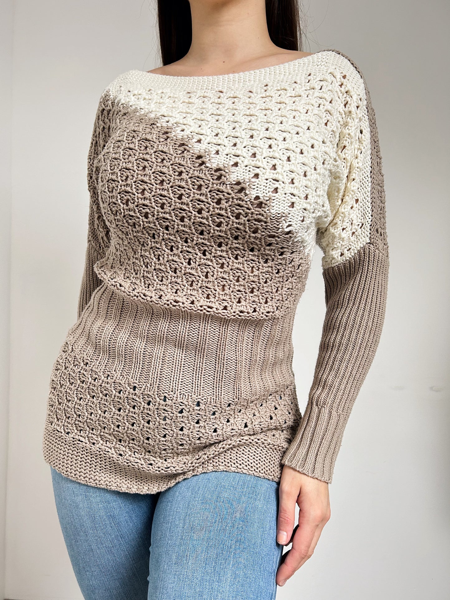 Pull en crochet beige et blanc 90s Taille 36/38