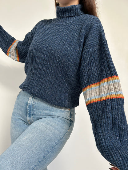 Pull col roulé bleu chiné à motifs 90s Taille 42