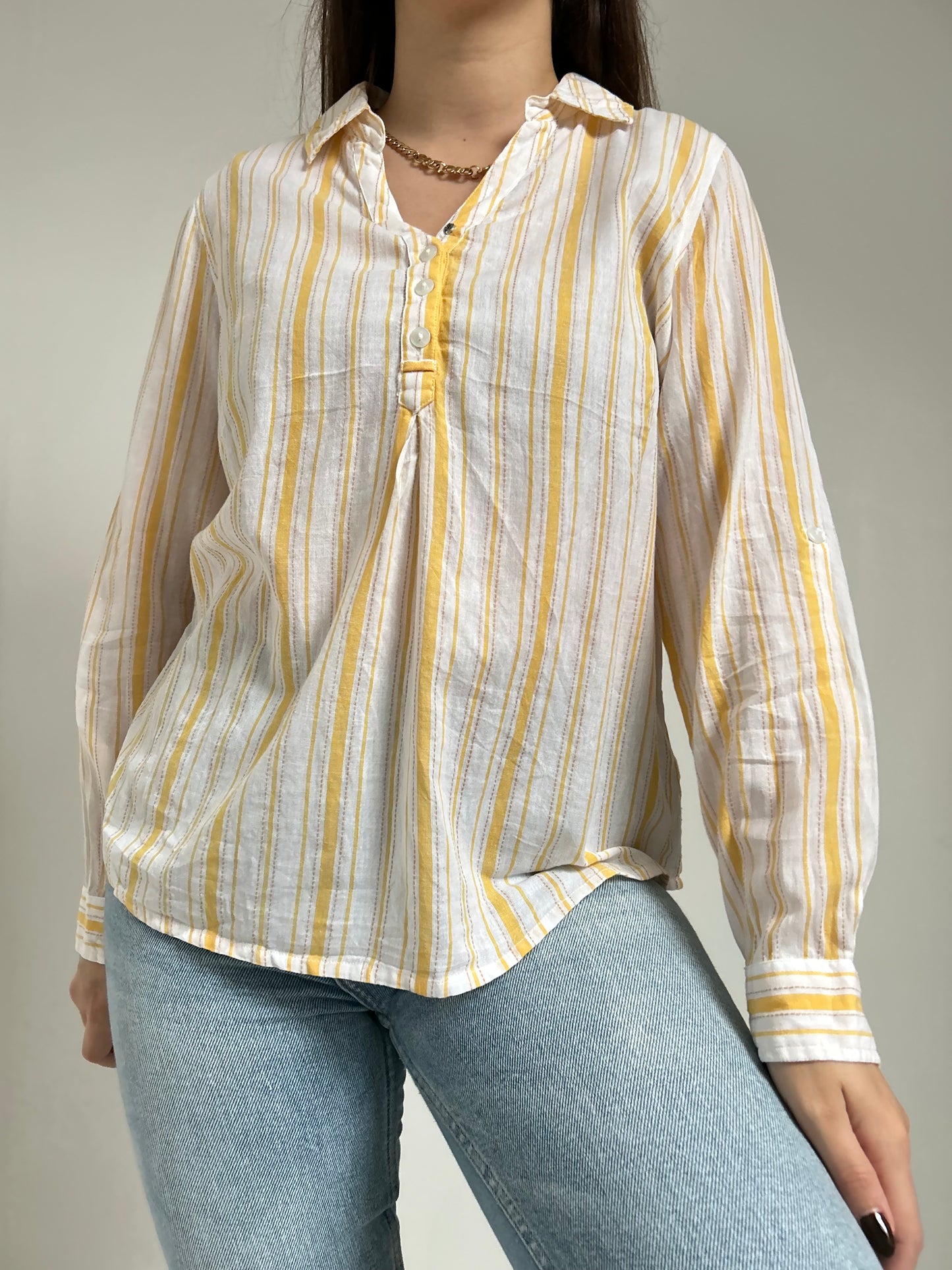 Blouse col chemise lignée jaune et blanc 90s Taille 38