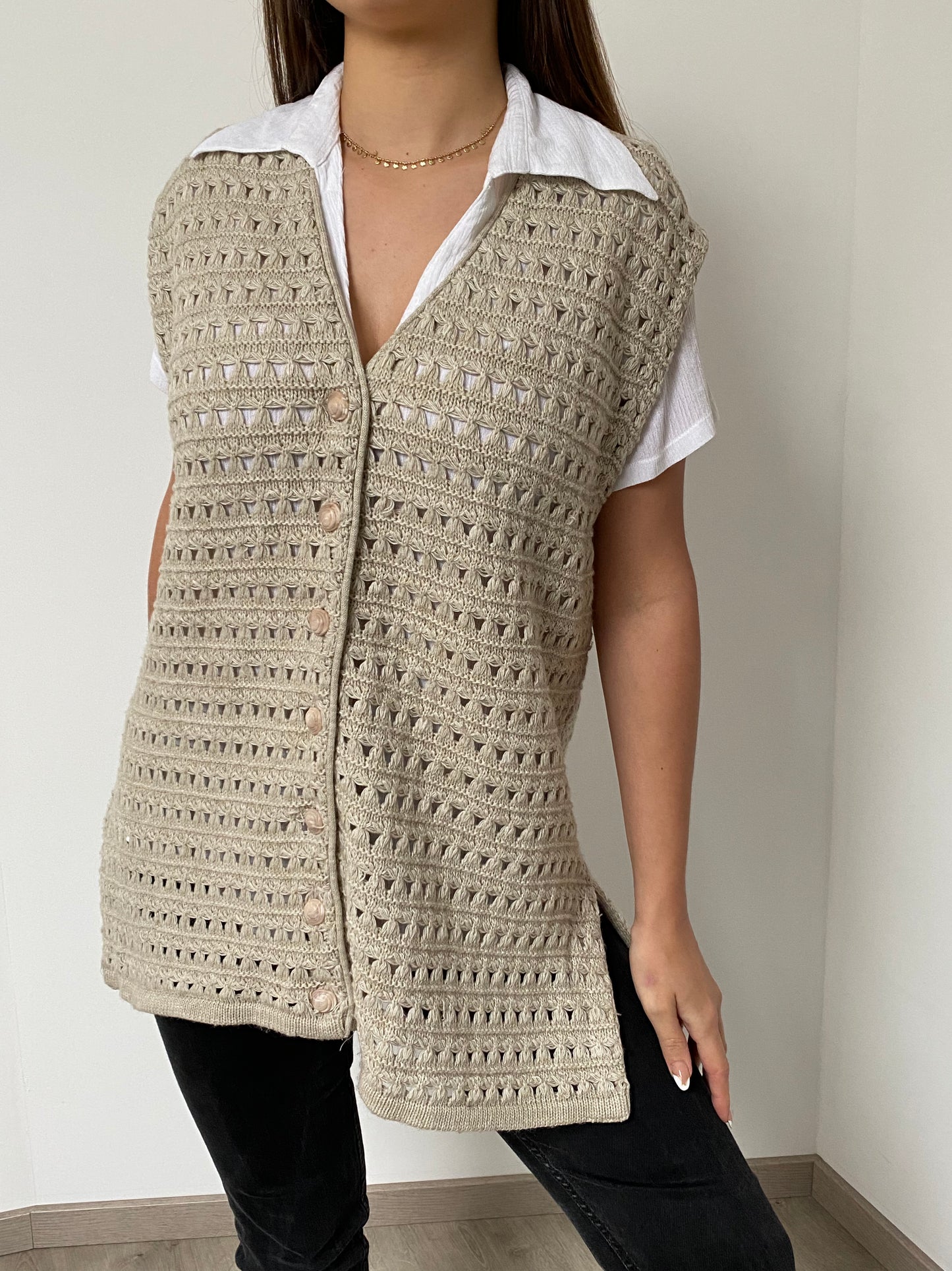 90s bohemian beige ribbed vest Size L