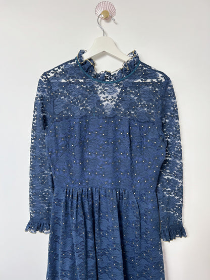 Dark blue lace dress with gold 70s Size 38