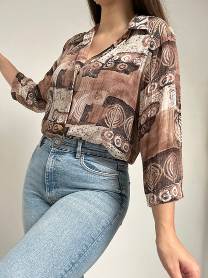 Chemise manches 3/4 à motifs marron 90s Taille 38/40