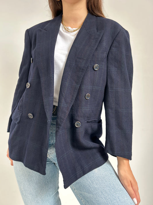 Vintage Checked Navy Blue Oversized Blazer Size 40