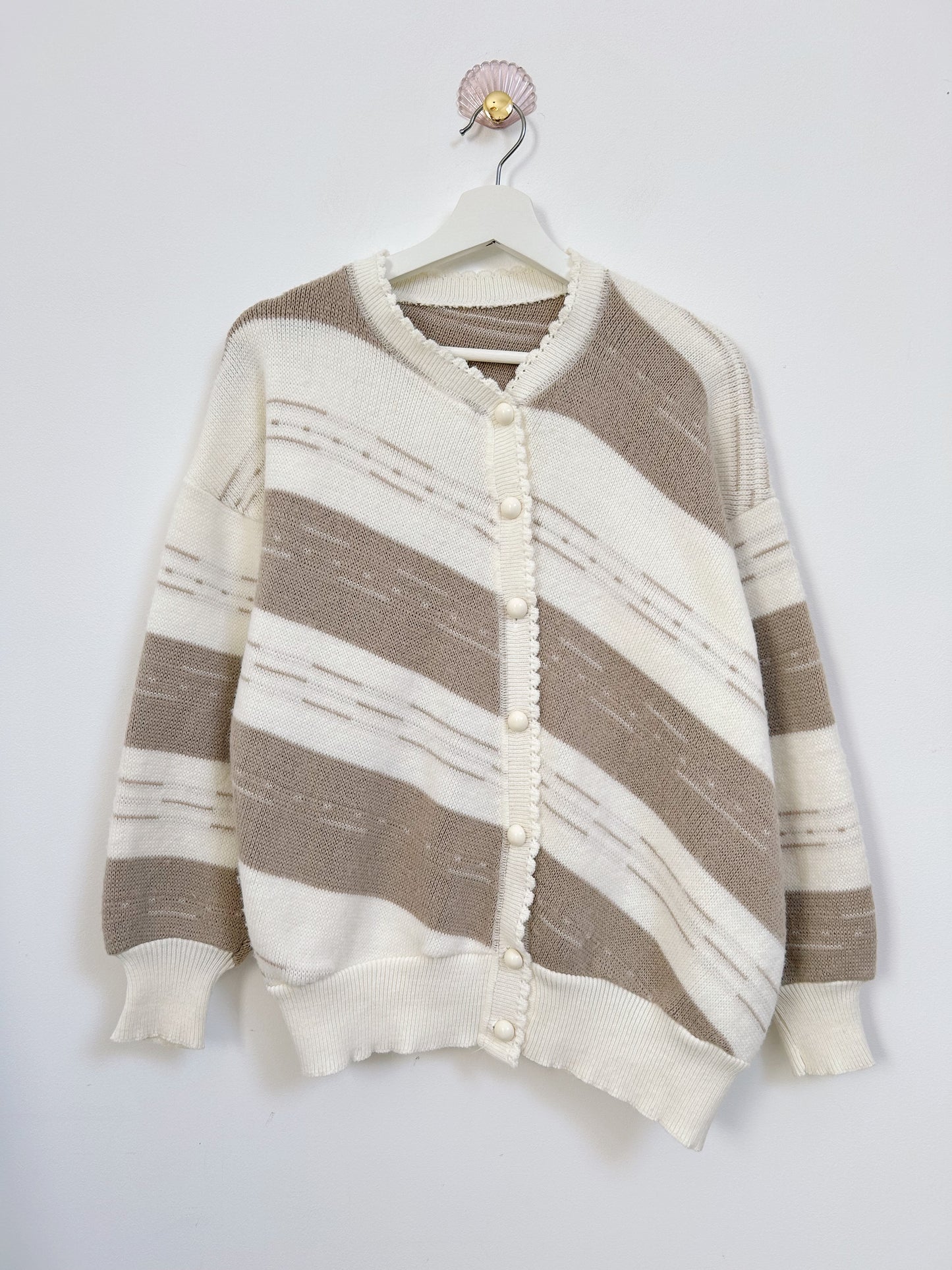 Cardigan oversize  à rayures blanc et beige 90s Taille 40