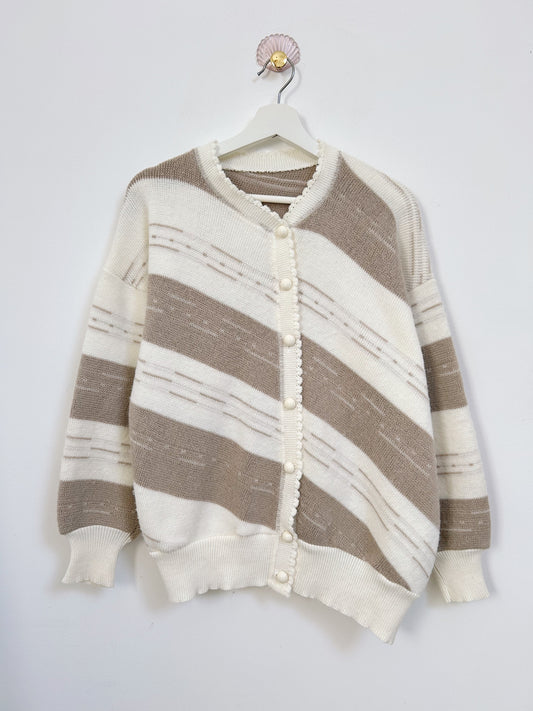 Cardigan oversize  à rayures blanc et beige 90s Taille 40