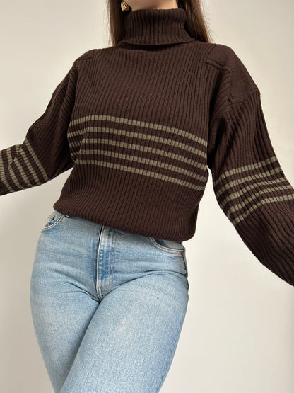 Pull marron col roulé avec bandes kaki 90s Taille 40/42