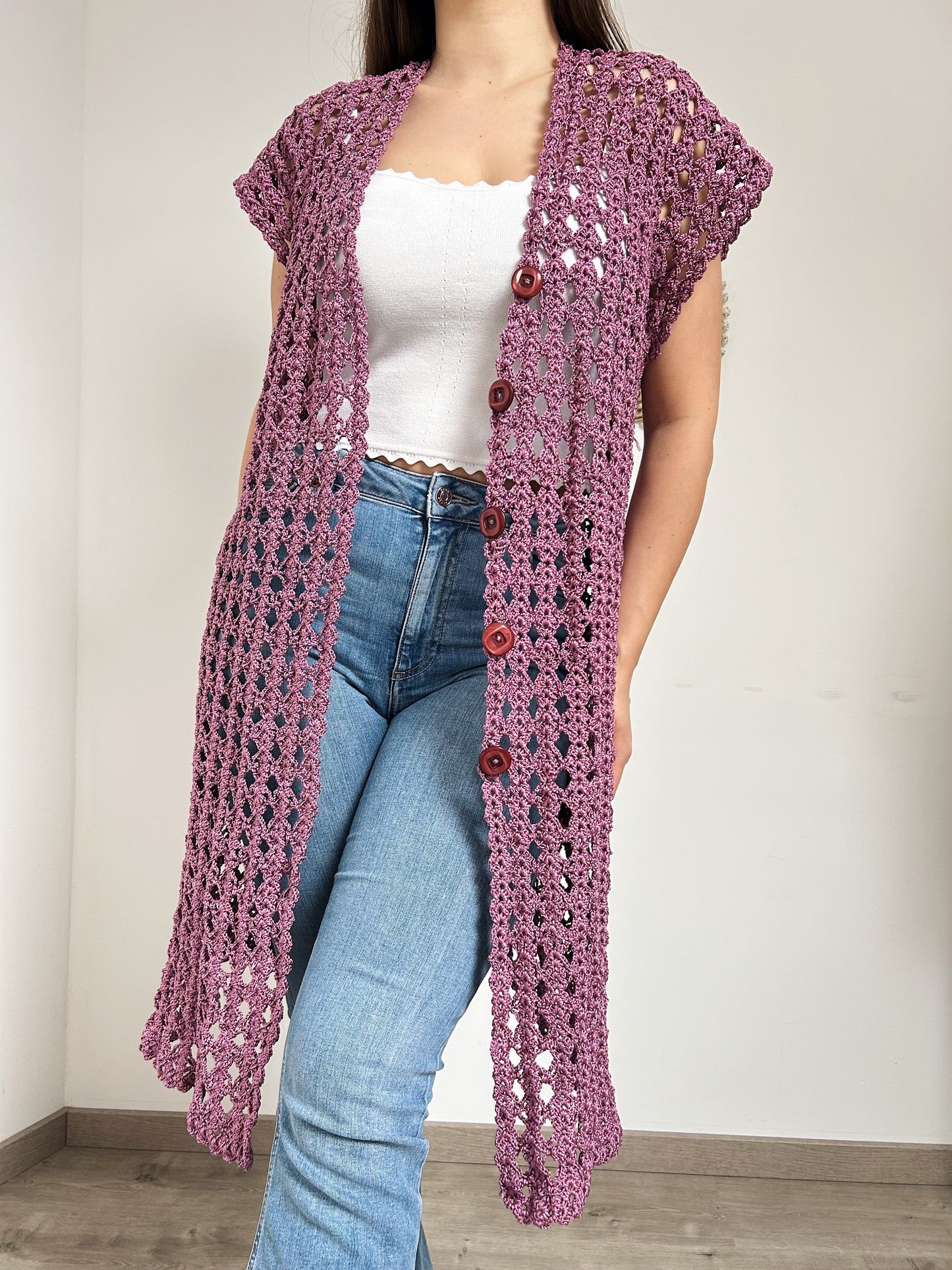 Long cardigan en crochet violet 90s Taille 36/38