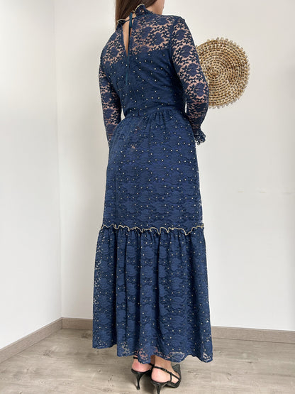 Dark blue lace dress with gold 70s Size 38