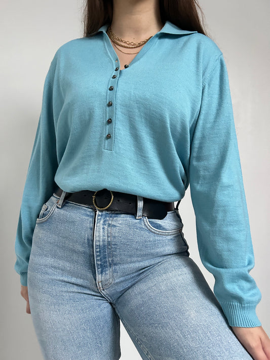 Tricot bleu ciel col chemise 80s Taille 40