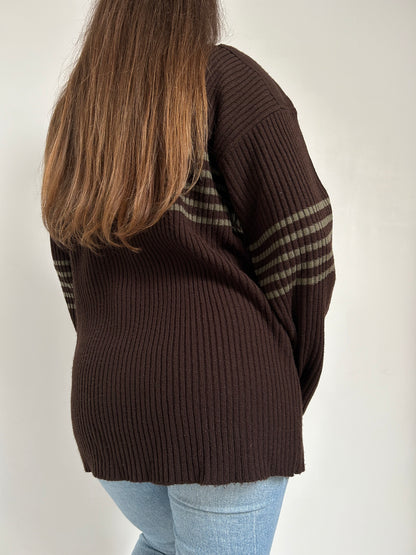 Pull marron col roulé avec bandes kaki 90s Taille 40/42