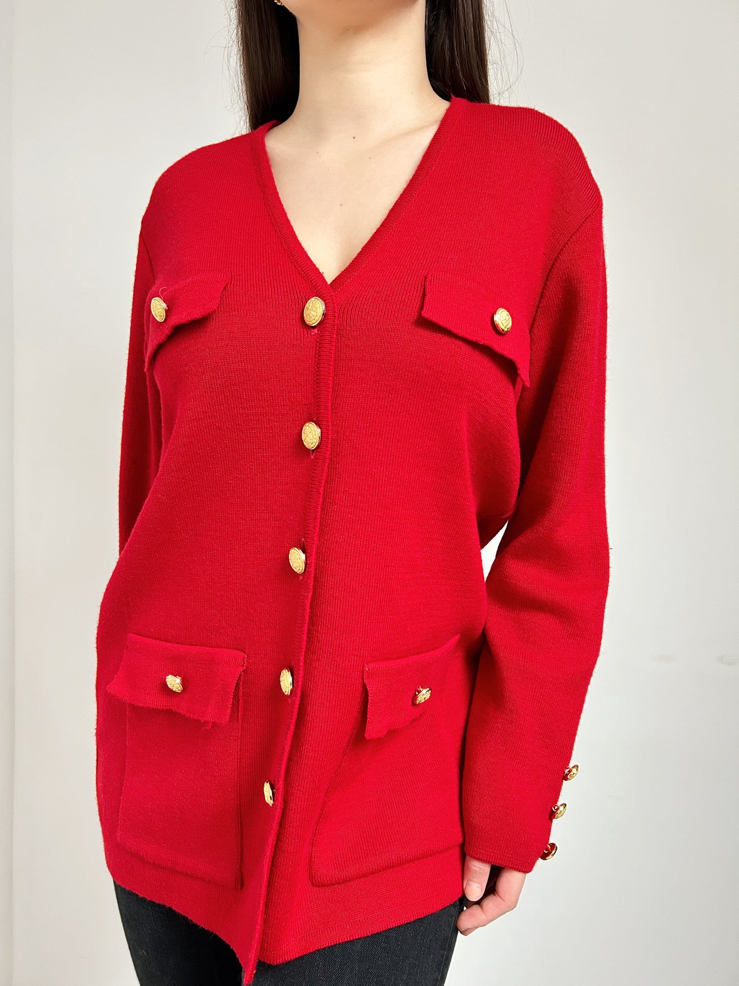 Cardigan rouge à boutons dorés 80s Taille 40