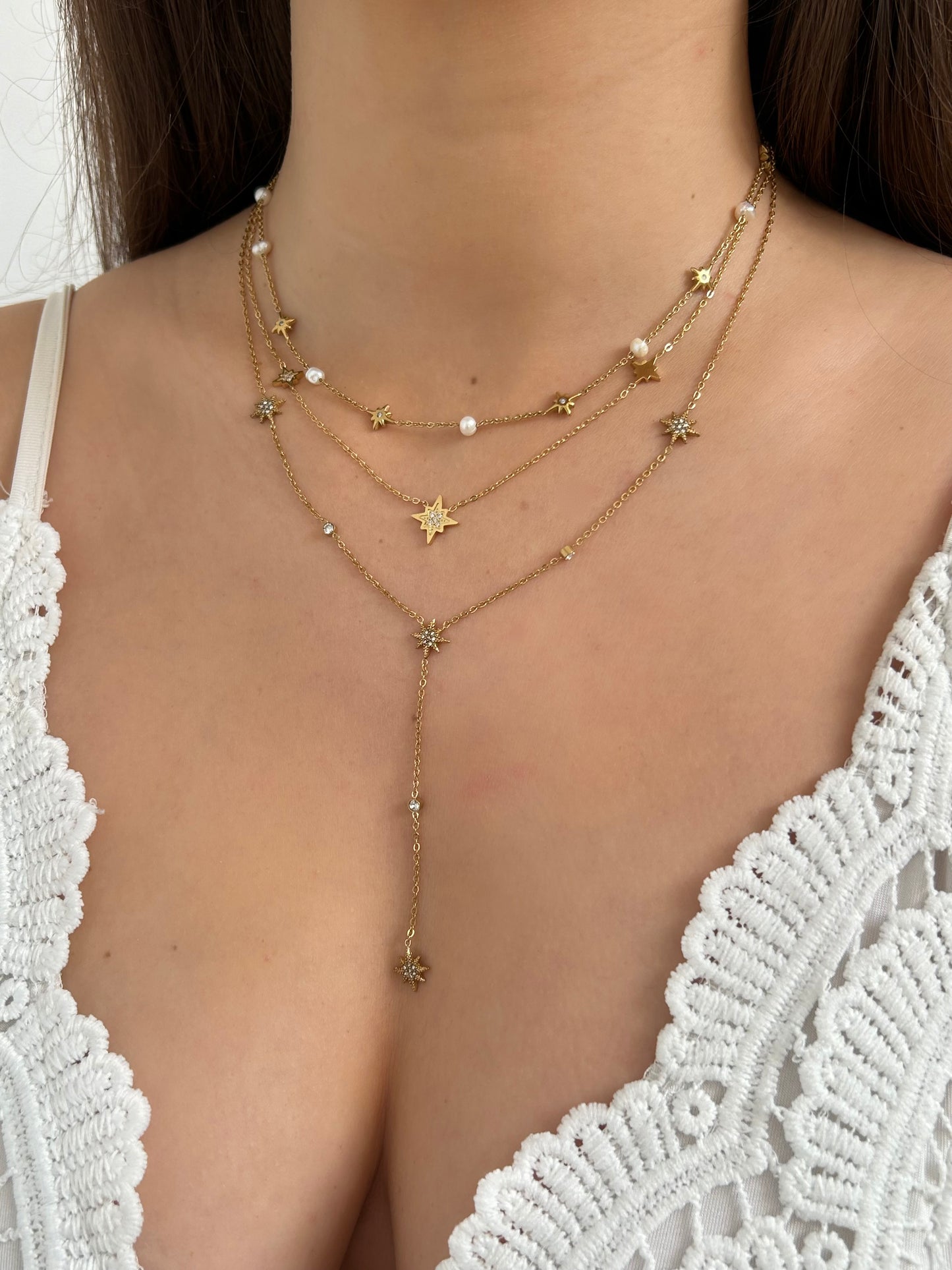 Collier long étoile du Nord Doré | Acier inoxydable