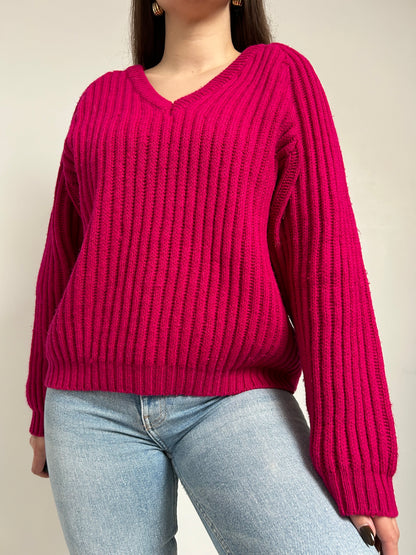 Pull rose fushia col V 90s Taille 40