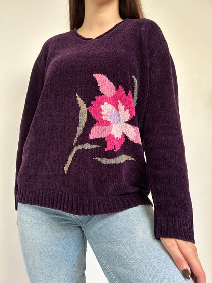 Pull en velours violet avec fleur 90s Taille 38/40