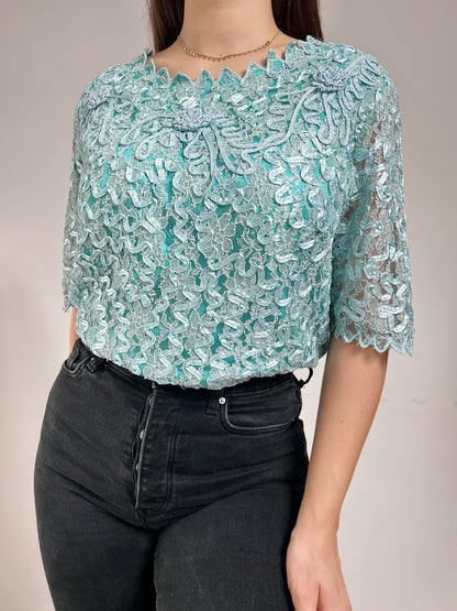 Blouse en dentelle bleu 90s Taille 38/40