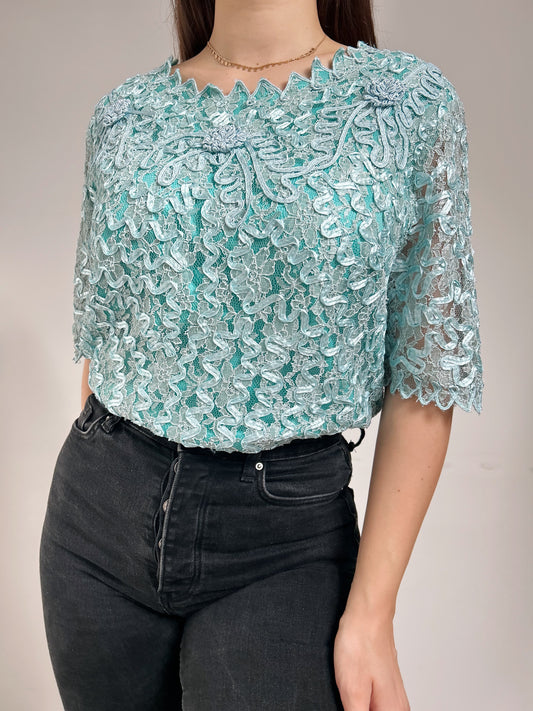 Blouse en dentelle bleu 90s Taille 38/40