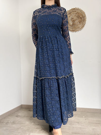 Dark blue lace dress with gold 70s Size 38