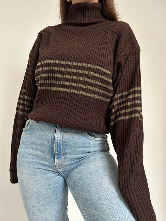 Pull marron col roulé avec bandes kaki 90s Taille 40/42