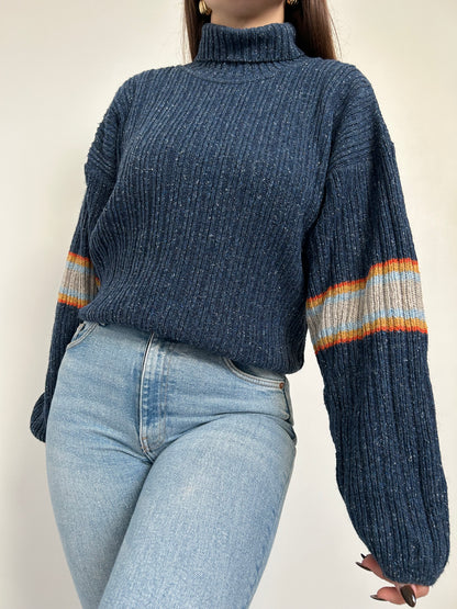 Pull col roulé bleu chiné à motifs 90s Taille 42