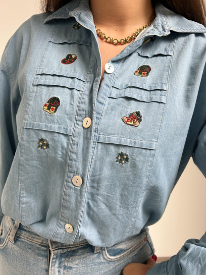 90s Embroidered Denim Shirt Size 38