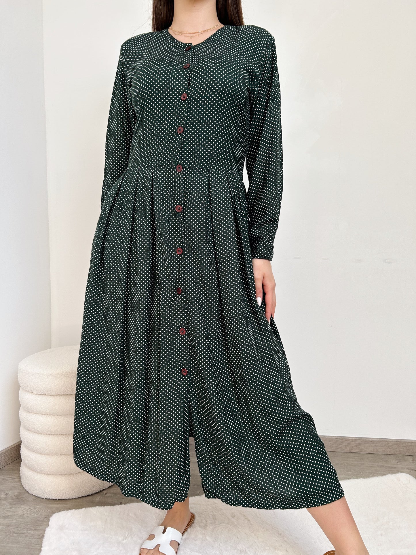 90s Green Polka Dot Buttoned Dress Size 38