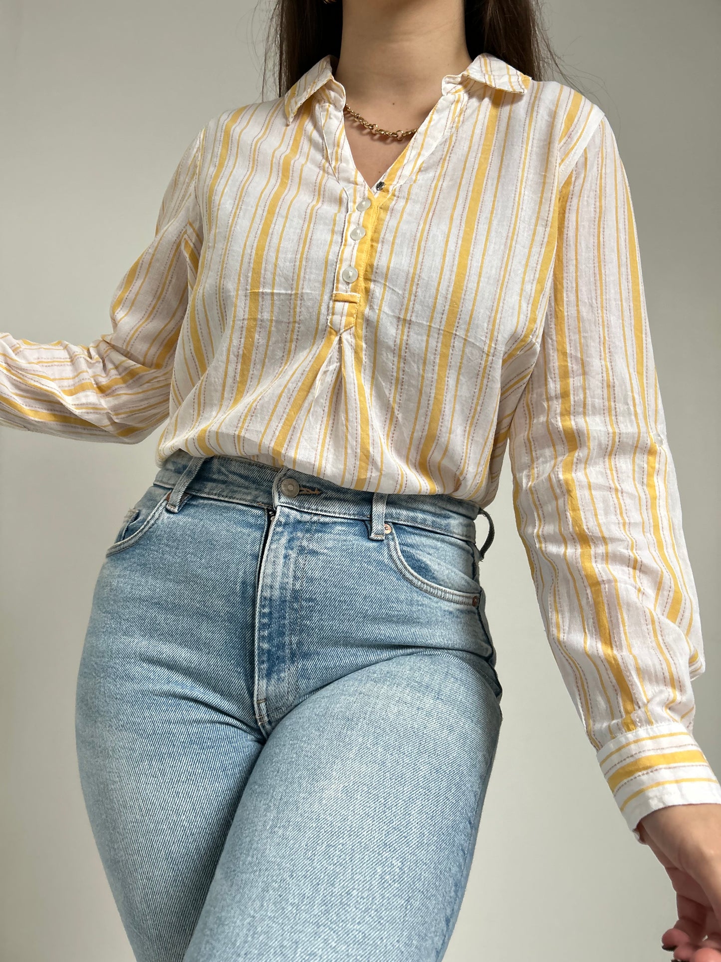 Blouse col chemise lignée jaune et blanc 90s Taille 38