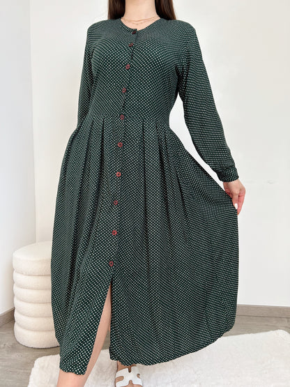 90s Green Polka Dot Buttoned Dress Size 38