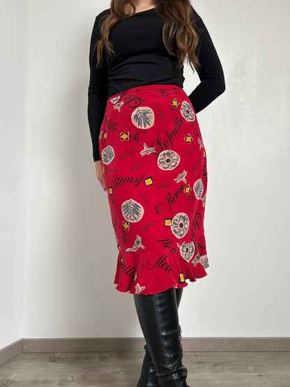 Jupe rouge en soie à motifs et volant 90s Taille 42