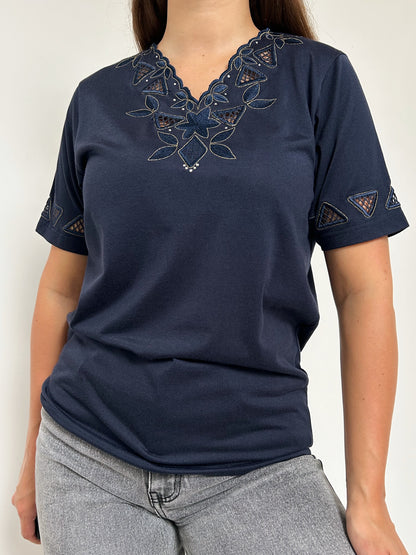 Navy Blue Embroidered 90s T-Shirt Size 36/38