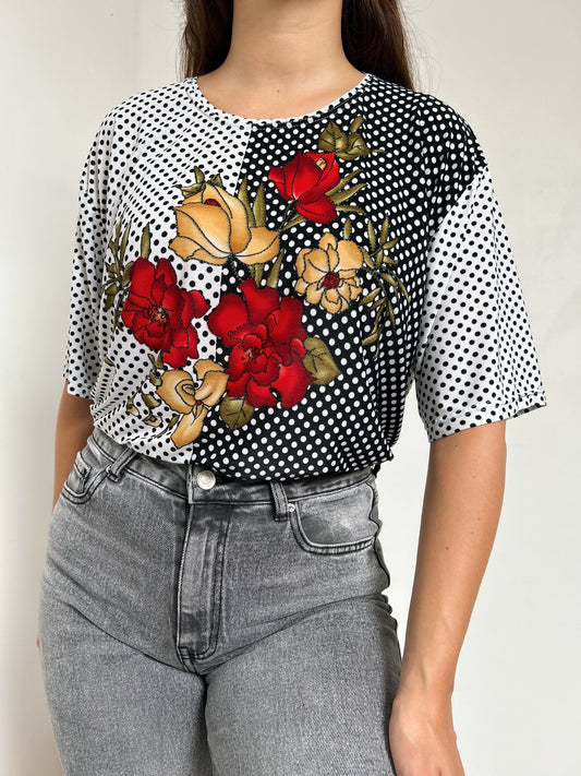 90s Polka Dot and Flower T-Shirt Size 40/42