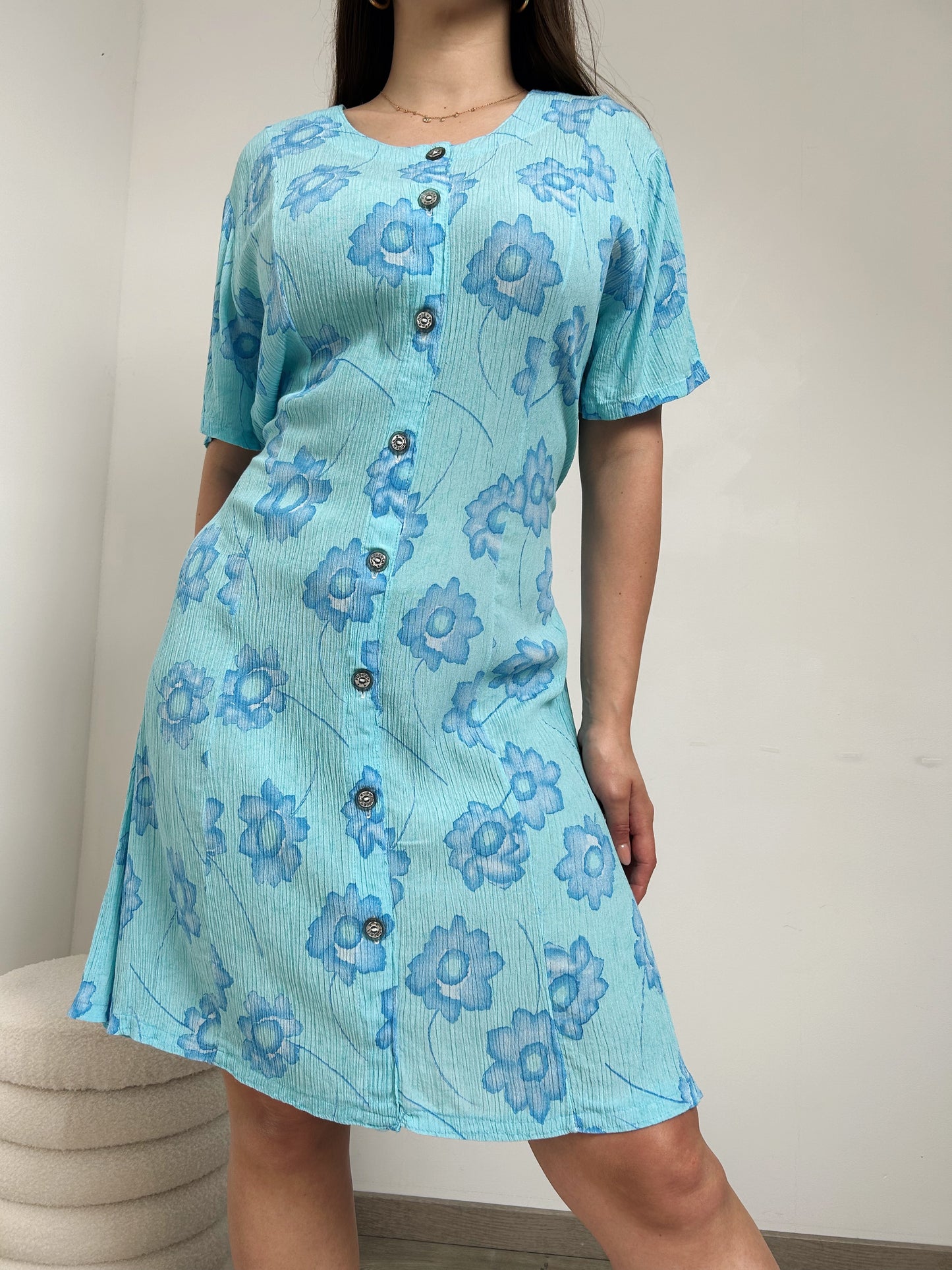 90s Blue Floral Buttoned Dress Size 38/40